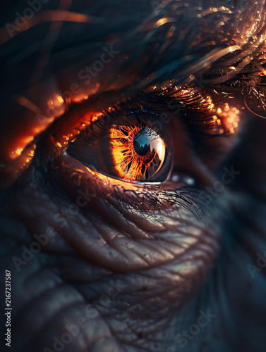 Hyperrealistic photo of a seniors eyes reflecting a flickering fire as they narrate a story, focusing on the eyes and the reflective light, symbolizing insight and wisdom