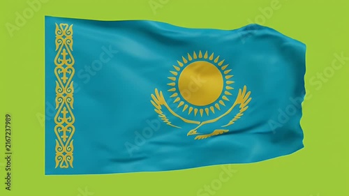 Kazakhstan national flag waving in wind against bright green background for global identity and pride