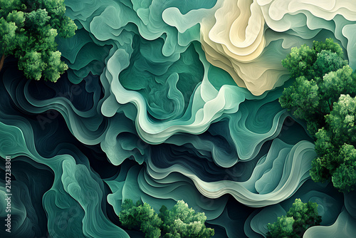 Abstract green 3D paper cut wavy fluid topography background with trees for eco nature banner and cover design