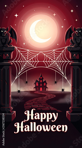 Happy Halloween Spooky Background with Gargoyles, Spiders, and Haunted House