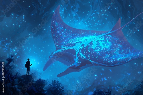 Diver encounters a majestic bioluminescent manta creature in a surreal underwater realm