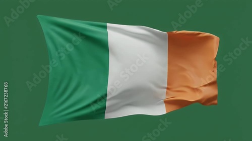Irish tricolor flag waving in wind on dark green background for national celebration and heritage