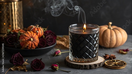 Luxury black scented candle with smoke and pumpkins for Halloween home decor