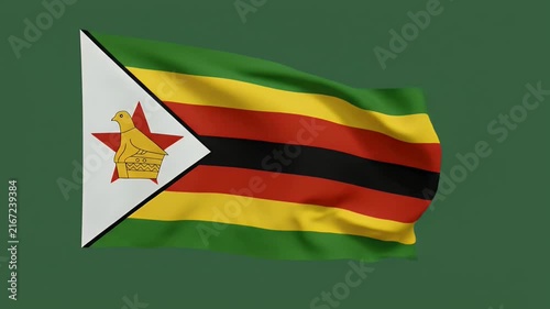 Zimbabwe flag waving in wind against green background for national pride and heritage
