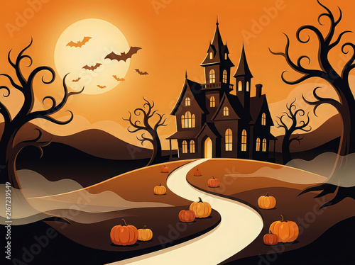 Spooky Halloween Haunted House Landscape with Full Moon and Pumpkins