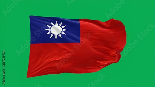 Taiwan national flag waving in wind against green screen for video editing and broadcast use