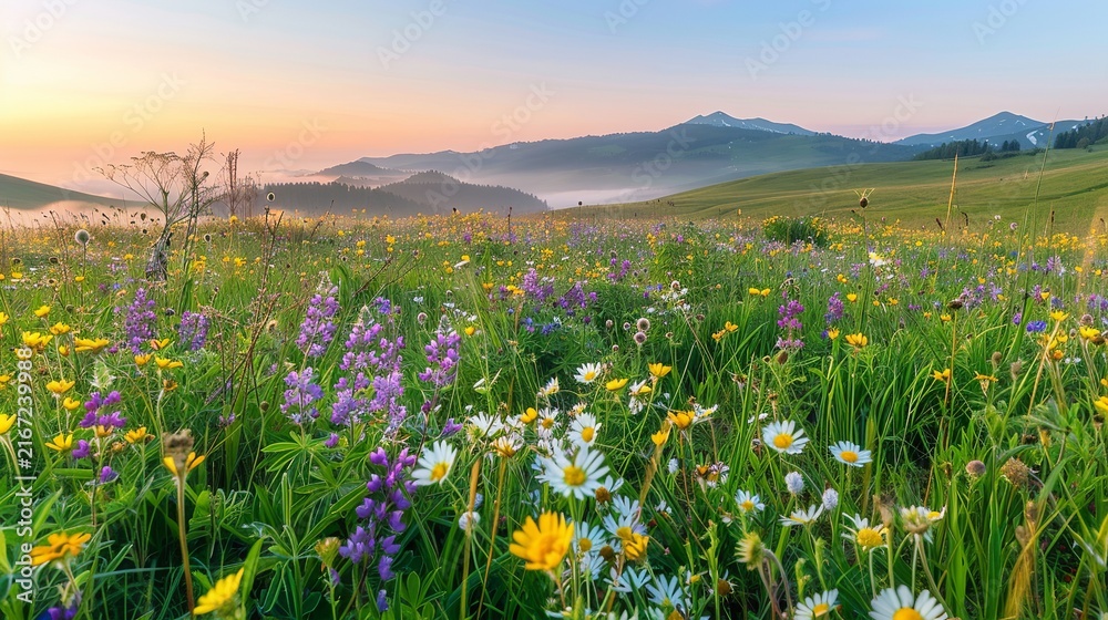 Obraz premium A wide, breath-taking view of a rolling green meadow bursting with colorful wildflowers yellow buttercups