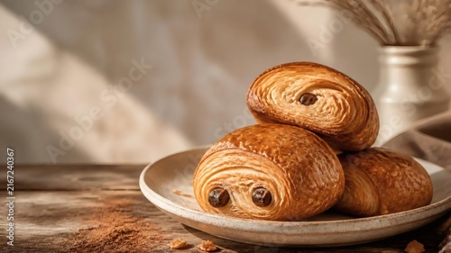 freshly baked pain au chocolat pastries on a handmade ceramic plate