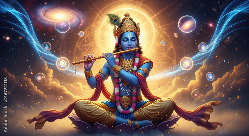Fototapeta premium A divine figure meditates while playing a flute, surrounded by glowing cosmic energy, swirling blue light, planets and stars. Golden radiance creates a mystical spiritual atmosphere.