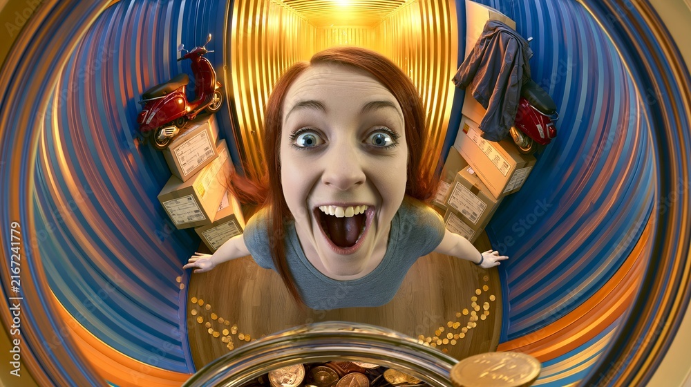 Fototapeta premium Excited young woman holding a jar full of golden coins with shipping boxes and a scooter in the background, fisheye lens view