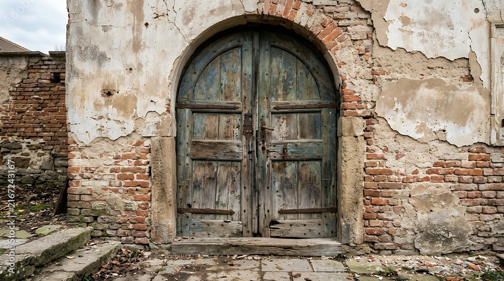 Fototapeta premium Rustic Weathered Twin Wooden DoorsWithin Damaged Plaster Wall and Uncovered Brickwork Antique Architectural Entrance Displaying Vintage Paint and Distressed Textures wooden doors double doors