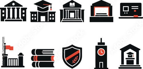 University and School Building Icon Set with Books, Shield, Clock Tower and Graduation Symbols