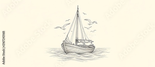  Vintage Sailing Boat in Gentle Waves — A minimalist line‑art illustration of a classic wooden sailing boat with a tall mast and taut rigging cuts through softly rolling waves; the hull’s detailed pla