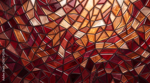 Close-up abstract geometric pattern of red and orange diamond-shaped tiles with sunlight reflection