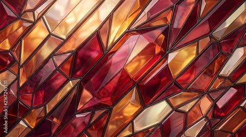 Stained glass window with vibrant red and orange abstract geometric patterns casting warm light