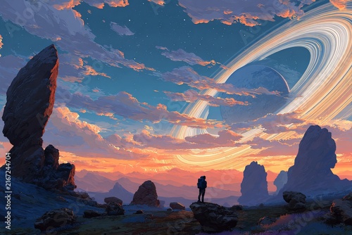 Astronaut on a colorful terrain observing the majestic rings of a distant planet in space
