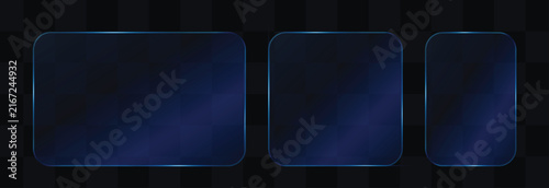 Blue glassmorphism UI cards set, glowing transparent frosted glass panels, futuristic interface banner layout, modern tech website component template, abstract digital graphic vector.