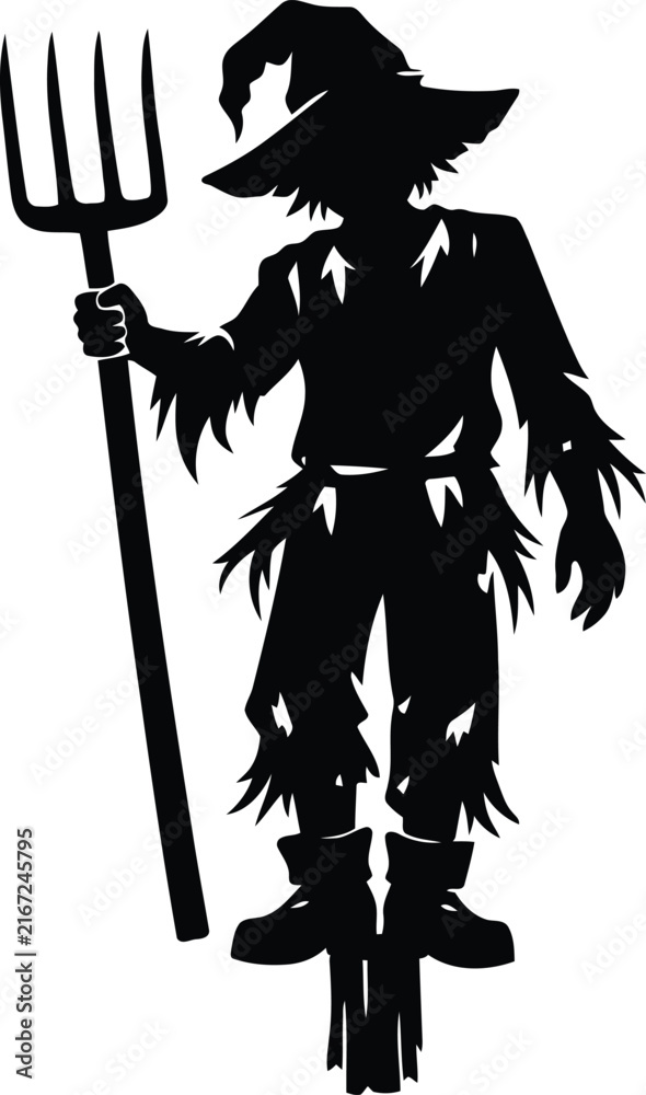 Obraz premium Silhouette of a scarecrow holding a pitchfork against a white background
