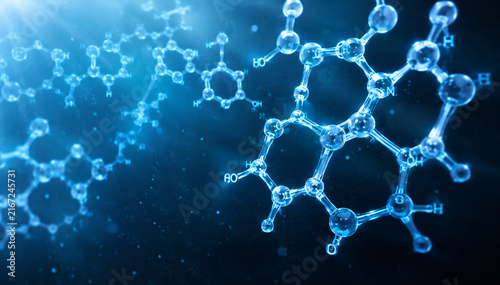 AI generated molecular chemistry research glowing three dimensional structures atoms chemical bonds representing biotechnology pharmaceutical science scientific innovation
