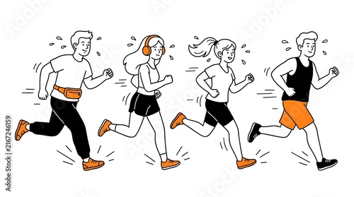 Running athletes exercising together in a dynamic sports illustration