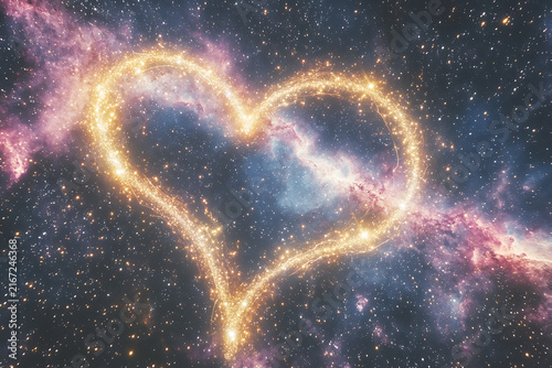 Glowing Gold Sparkly Heart Shape Floating in Cosmic Space Nebula Stars Background Banner Concept for Valentine Day Love Concept (116 characters)