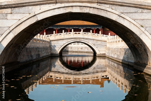 Stone arch bridge over calm water with reflection of traditional building