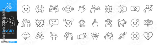 Fotografía Angry Icons Collection, Anger Rage and Frustration Emotion Outline Vector Symbol
