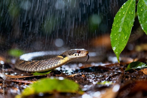 A snake rests on the forest floor during rainfall, surrounded by wet leaves and droplets.