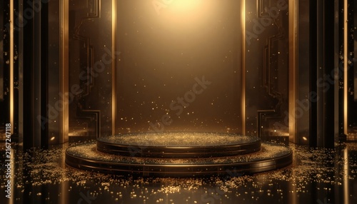 Luxurious dark product display podium with glowing golden spotlight and magical dust