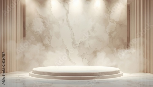 Minimalist white product display podium with marble wall background and spotlight illumination