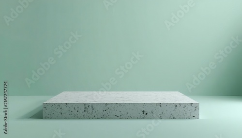 Minimalist white marble product display podium with soft shadows on a light blue pastel background