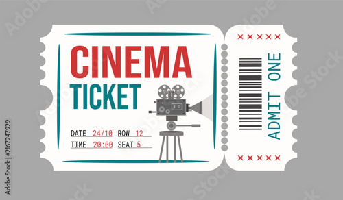 Cuadro en lienzo Stylish cinema admission ticket template with a vintage movie camera illustration, barcode, seats and date information and decorative perforated edges