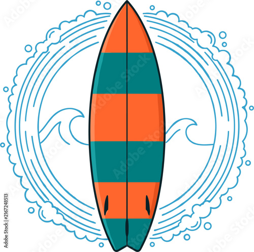 Orange and teal striped surfboard centered within a circular wave and bubble motif, representing surfing and ocean sports