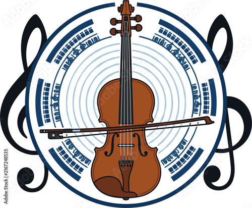 Circular emblem design centered around a violin and bow, surrounded by musical notation and treble clefs. Features concentric circles and dark blue accents.
