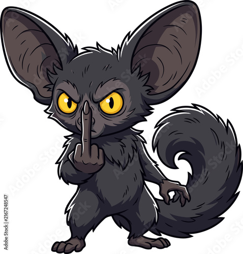 Pixel art cartoon creature with large ears and yellow eyes, giving the middle finger gesture, with a fluffy tail and dark fur
