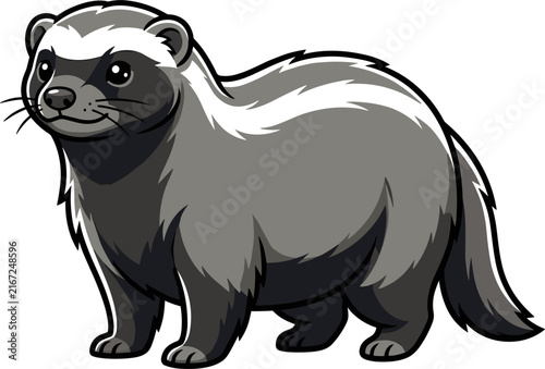 Pixel art illustration of a cute ferret standing. This cartoon mammal has dark grey fur with distinct white stripes on its head and back. Perfect for game assets or children's book designs.