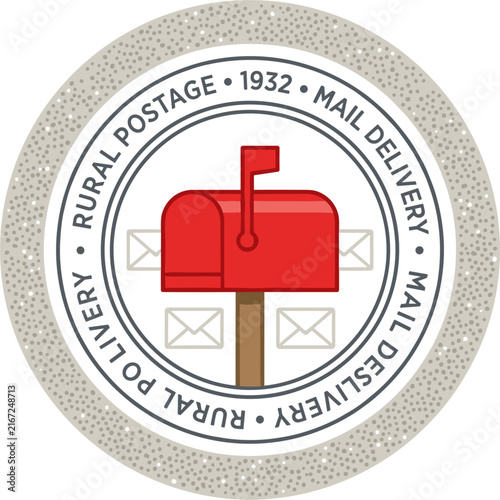 A stylized illustration of rural mail delivery, featuring a classic red mailbox with envelopes visible, set within a circular design reminiscent of a historical postage stamp.