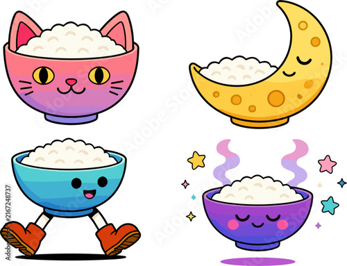 Set of four pixel art bowls of rice with cute faces and characters, kawaii food, adorable food art