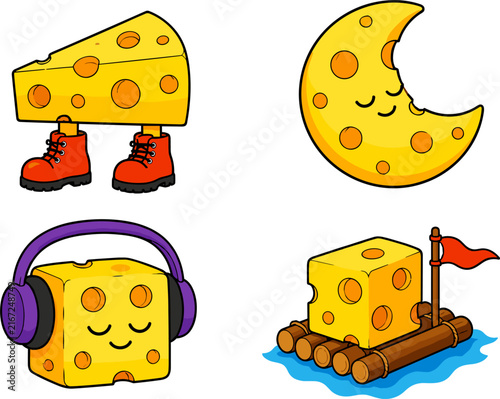 Set of four pixel art cheese icons, walking, sleeping moon, listening to music, and on a raft