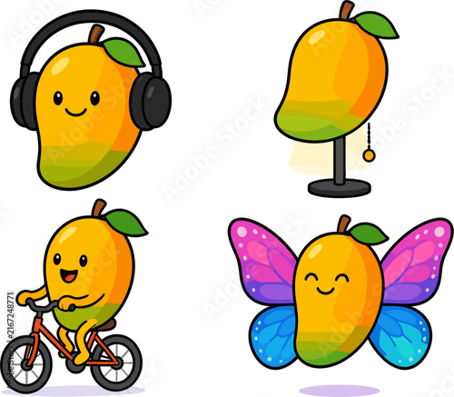 Set of four pixel art mango characters, one with headphones, one on a bicycle, one as a lamp, and one with butterfly wings, isolated on white