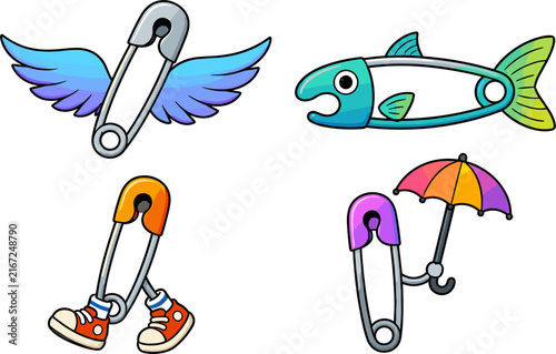 A collection of four unique pixel art safety pin designs. One has blue feathered wings, another is shaped like a fish. A third has legs with sneakers, and the fourth holds a small rainbow umbrella.
