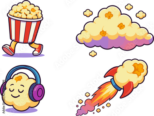 Collection of four distinct pixel art popcorn characters, including a walking popcorn bucket, a cloud, a rocket, and a cloud wearing headphones, ideal for entertainment and gaming themes.