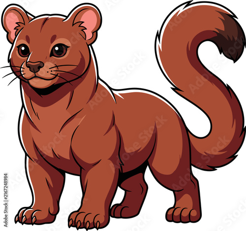 A stylized vector illustration of a brown fossa, a unique mammal from Madagascar. The creature stands on all fours with its tail curved. Isolated on a white background.