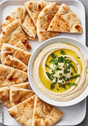 Freshly baked pita bread slices served with a smooth bowl of white bean hummus, garnished with olive oil and fresh green herbs on a tray, cooking, hummus, gourmet