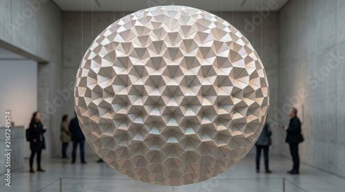 People standing near large geometric spherical art installation isolated on white background