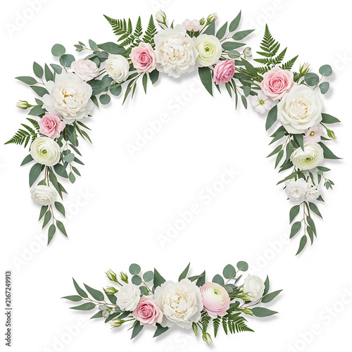 Floral Archway and Garland: An elegant floral arrangement forming an arch and a garland, featuring delicate white and pink roses, peonies, ranunculus, and lush greenery.