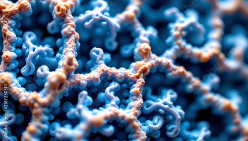 The image depicts a highly detailed, close up view of a molecular or cellular structure, characterized by a network of intertwined, thread like formations
