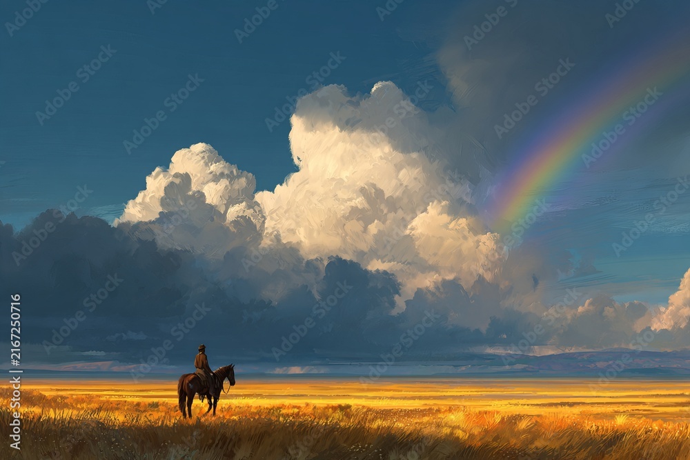 Fototapeta premium A rider on horseback gazes at a surreal sky with a fragmented rainbow over a golden plain