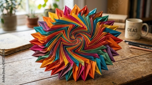 Colorful origami flower on wooden table isolated on white background