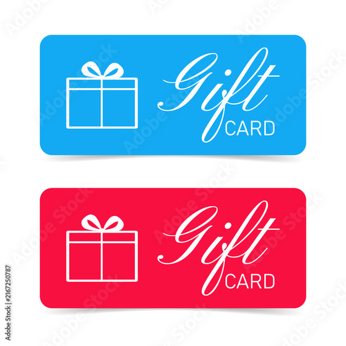 Modern gift cards in blue and red, designed in the shape of a gift box.